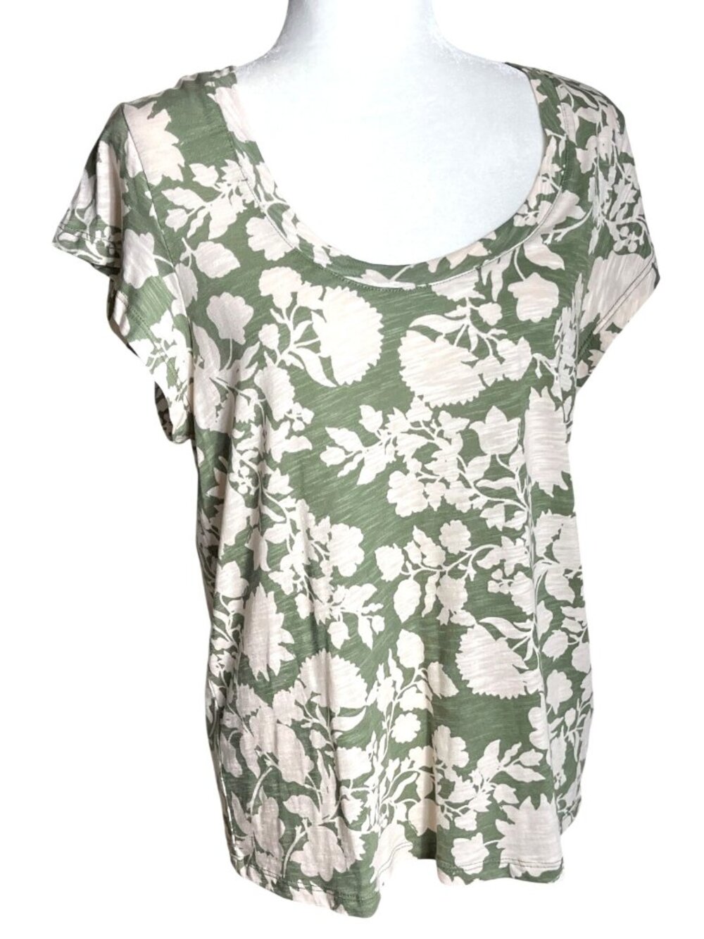Floral Summer Tshirt Olive Green Cream Scoop Neck Boho Relaxed Top Wom L